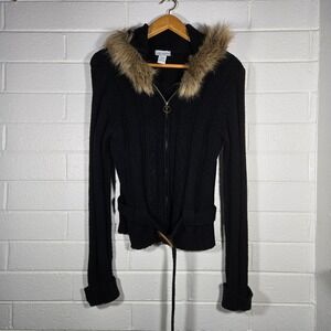Vtg Y2K Ribbed Cable Knit‎ Faux Fur Hood Belted Cardigan Sweater Large Chunky